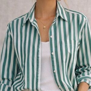 Gap Green & White Striped Button-Up Shirt | Spring Capsule Essential | Size L